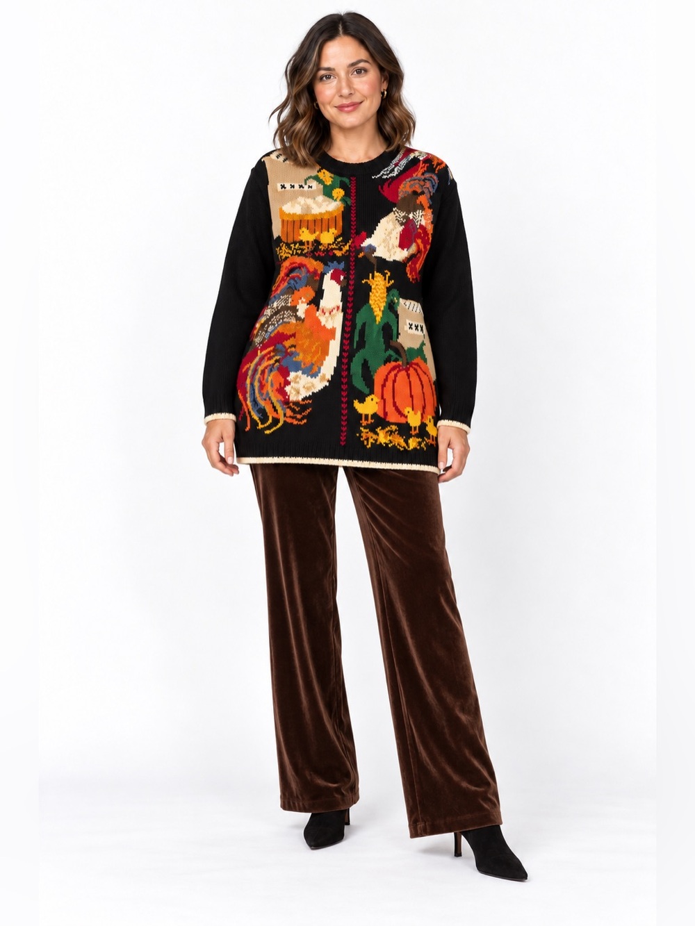 Vtg Ashley Hand Knit Rooster Pumpkin tunic Sweater L Farm Harvest Cottagecore